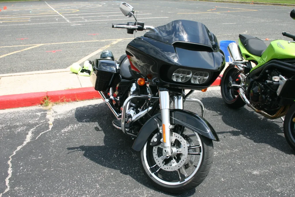 Harley-Davidson motorcycle parked with sport bike at a rider safety training course.